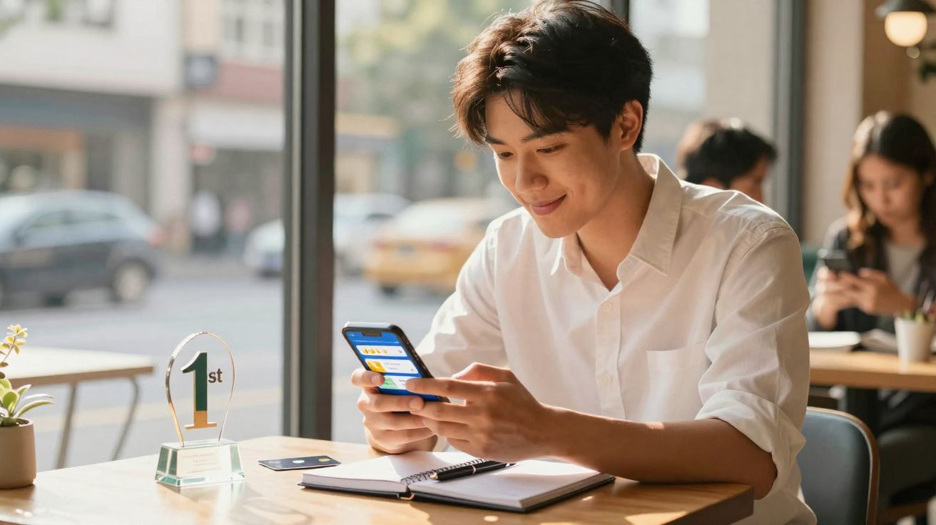 Jovem sentado numa mesa com caderno e telemóvel, sorrindo enquanto olha para o ecrã numa cafetaria.