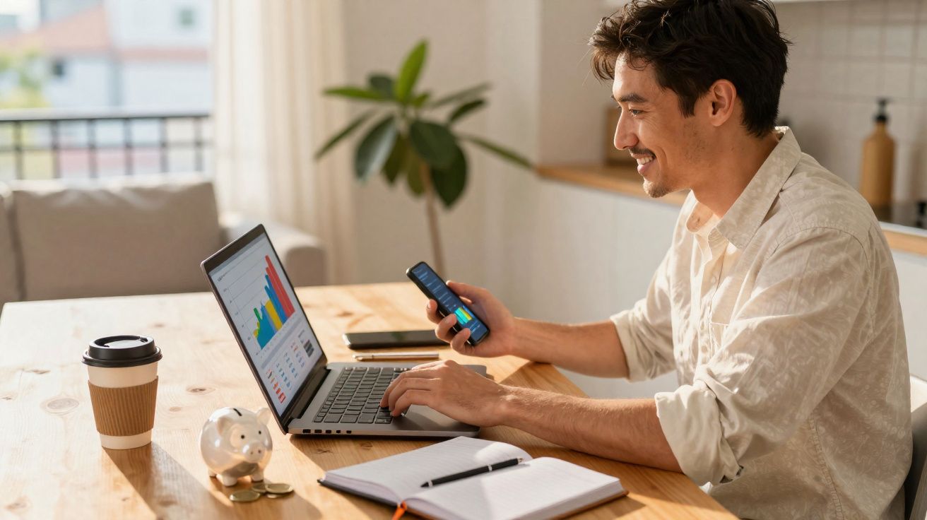 Homem sentado numa mesa a trabalhar no portátil com gráficos e a usar o telemóvel, com caderno e café ao lado.
