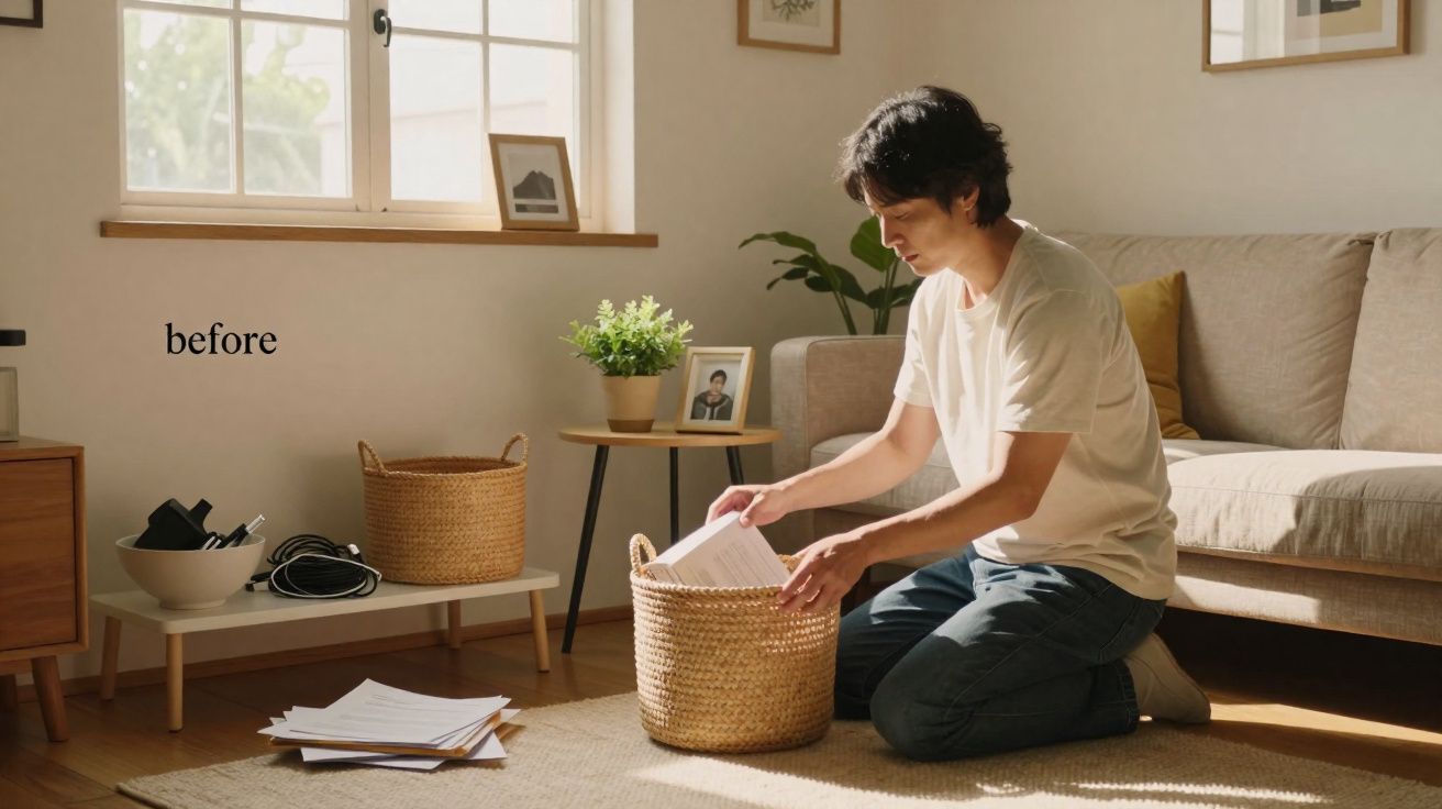 Homem a organizar documentos numa sala com sofá, janela e plantas, luz natural a entrar.