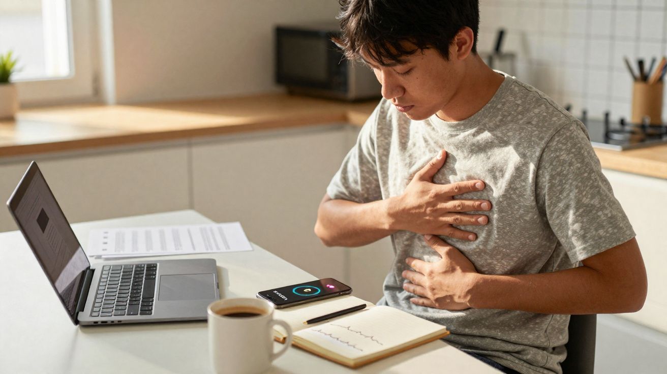 Homem sentado numa cozinha com as mãos no peito e barriga, aparentando dor enquanto está junto a um computador portátil.