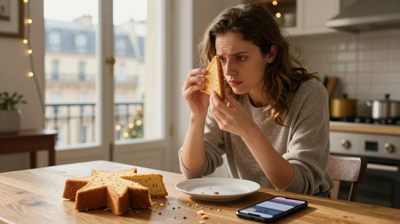 Mulher sentada à mesa a examinar fatia de bolo com expressão preocupada numa cozinha iluminada.