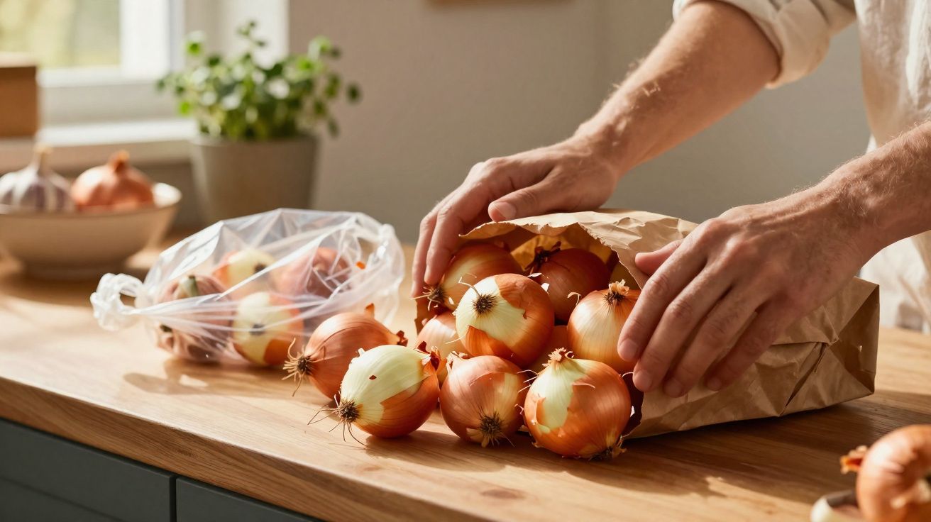 Mãos a colocar cebolas dentro de um saco de papel numa bancada de cozinha de madeira.