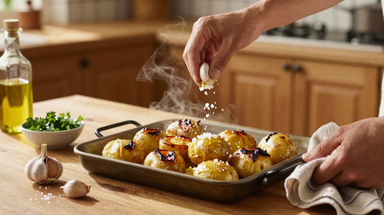 Mão salpicando sal sobre batatas assadas fumegantes numa assadeira, com alho, azeite e salsa na cozinha.