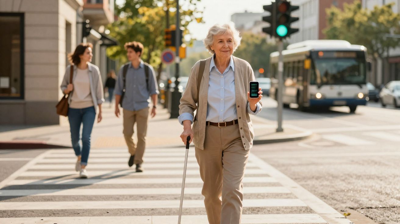 Senhora idosa atravessa passadeira com bengala e mostra ecrã de telemóvel no centro da cidade.