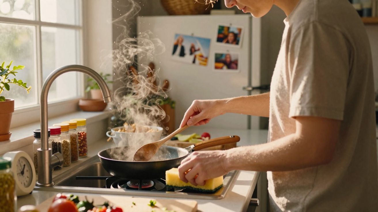 Pessoa a cozinhar numa frigideira com vapor na cozinha iluminada por luz natural junto a uma janela.