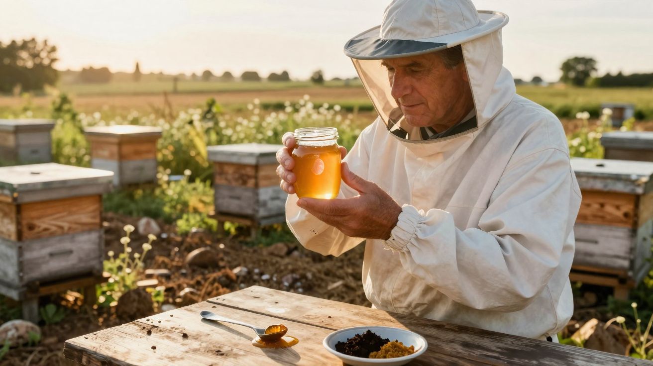 Apicultor em fato protetor segurando frasco de mel ao ar livre numa colmeia durante o pôr do sol.