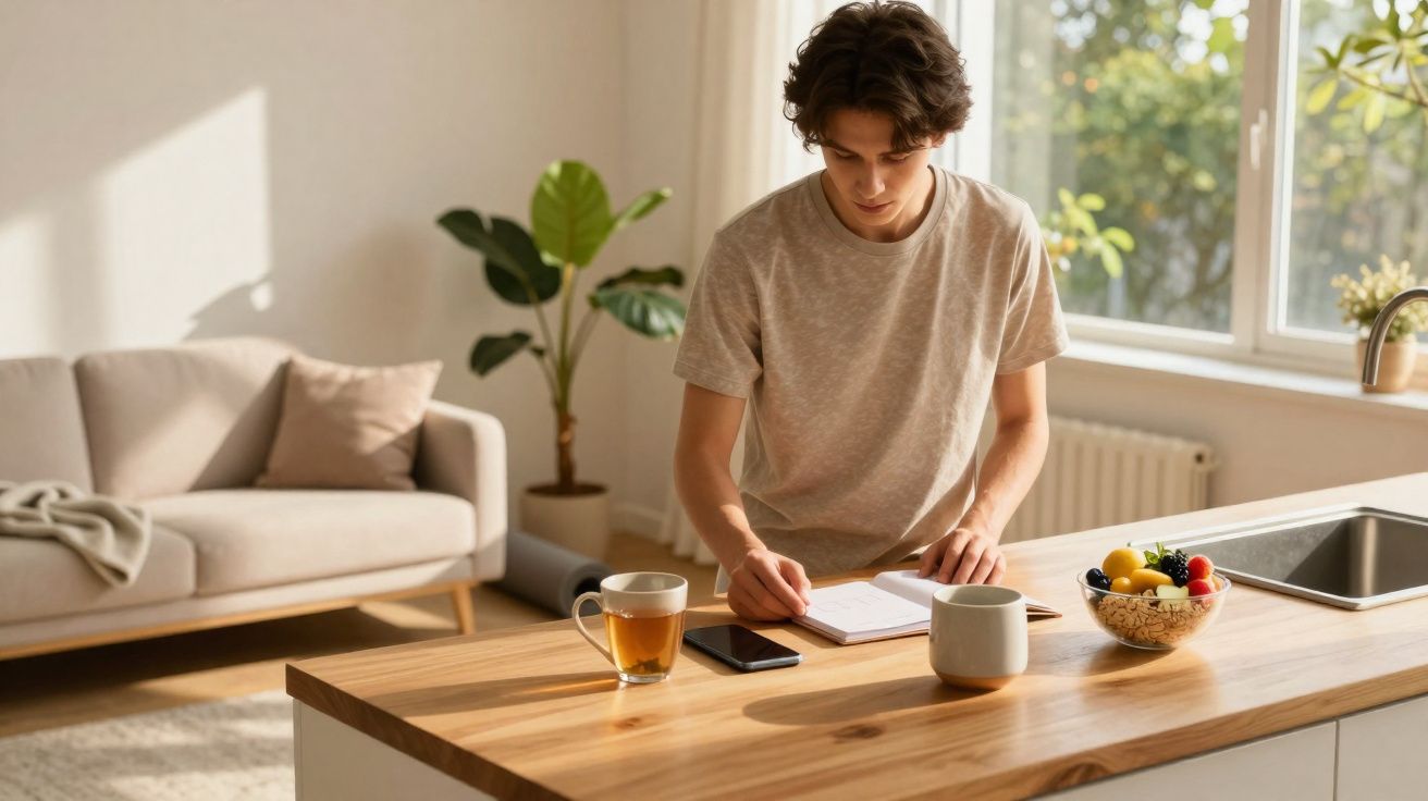 Jovem a escrever num caderno num balcão de cozinha com chá, fruta e smartphone ao lado num ambiente iluminado.