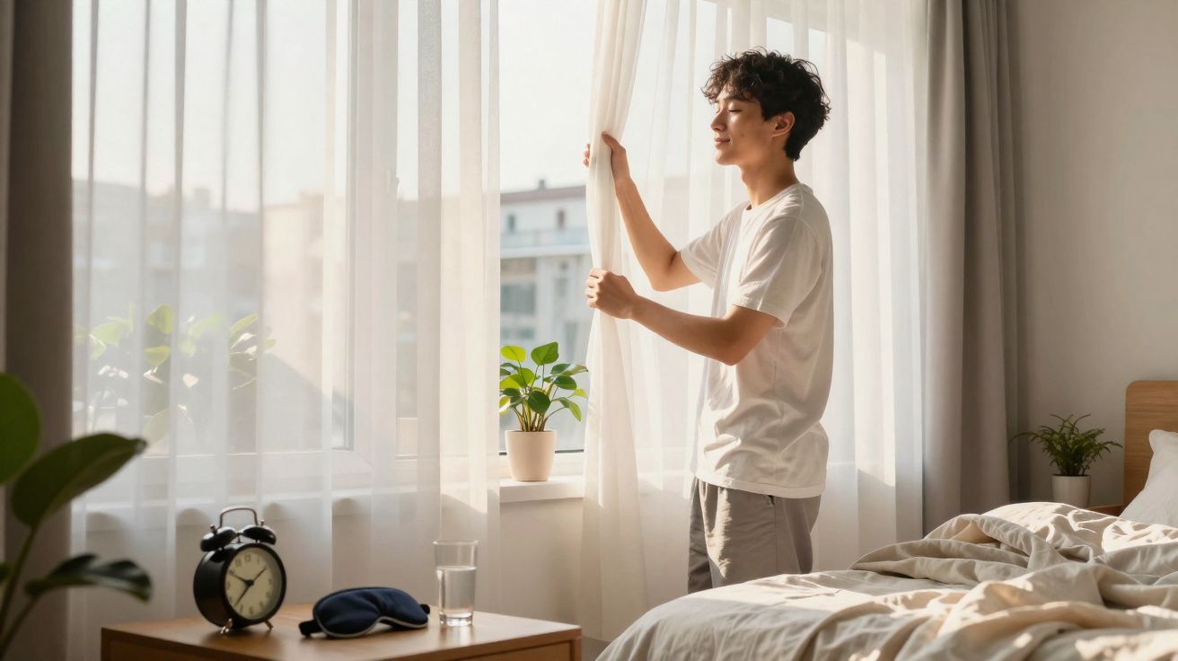 Homem jovem abre cortinas numa manhã luminosa num quarto com cama e plantas.
