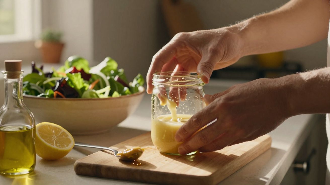 Mãos a preparar molho caseiro numa frigideira junto a salada fresca, limão e azeite numa cozinha iluminada.