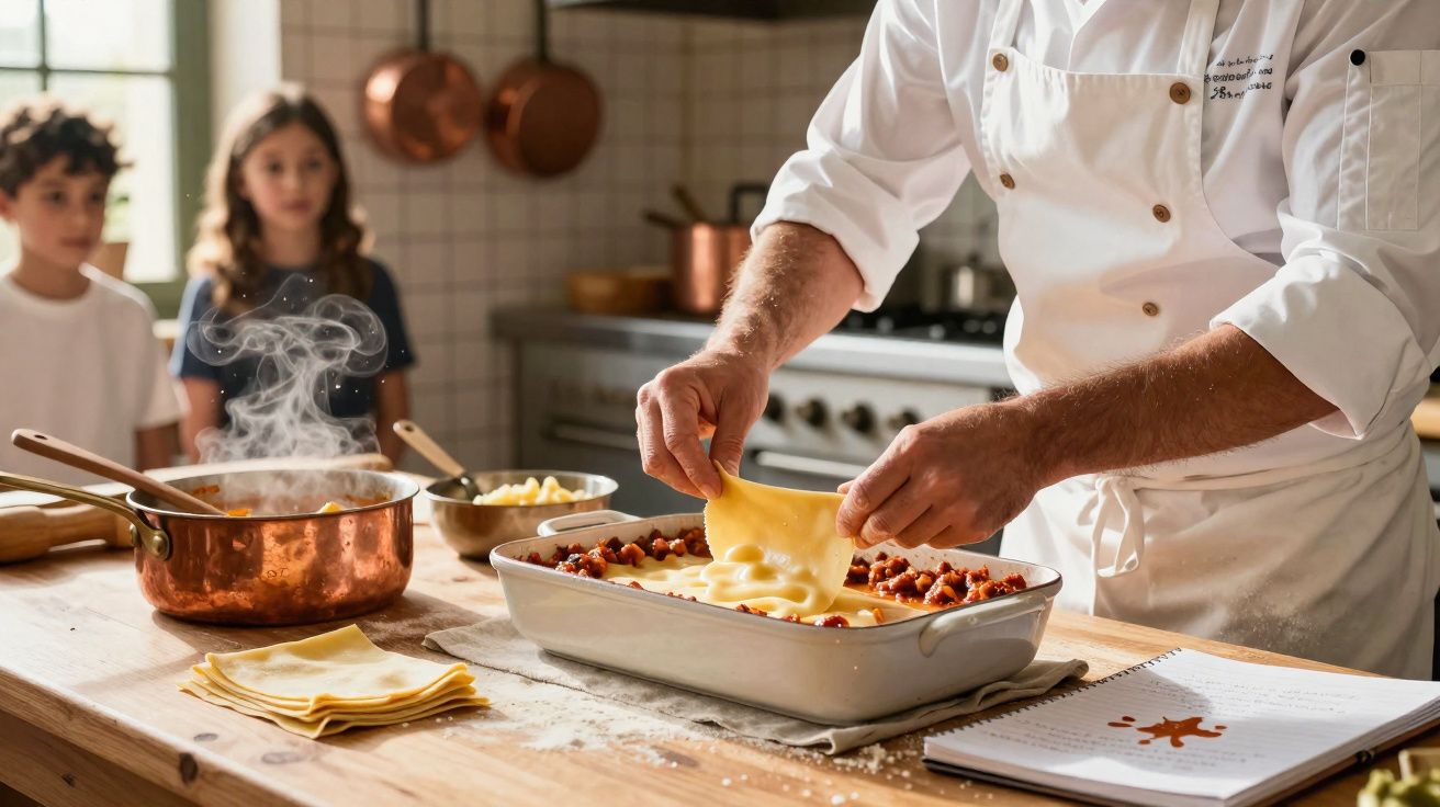 Chef a preparar uma lasanha numa cozinha, com uma panela a ferver e duas crianças a observar ao fundo.