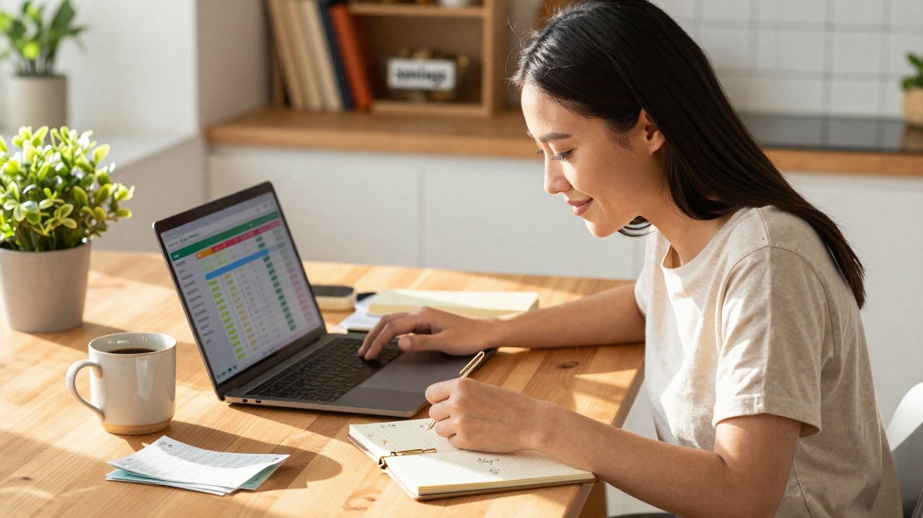 Pessoa sentada numa mesa a trabalhar num portátil e a escrever num caderno, com caneca e plantas à volta.