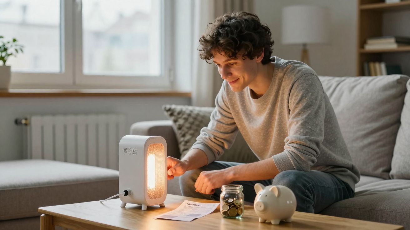 Homem sentado numa sala a ligar um aquecedor enquanto analisa contas ao lado de um mealheiro e jarro de moedas.