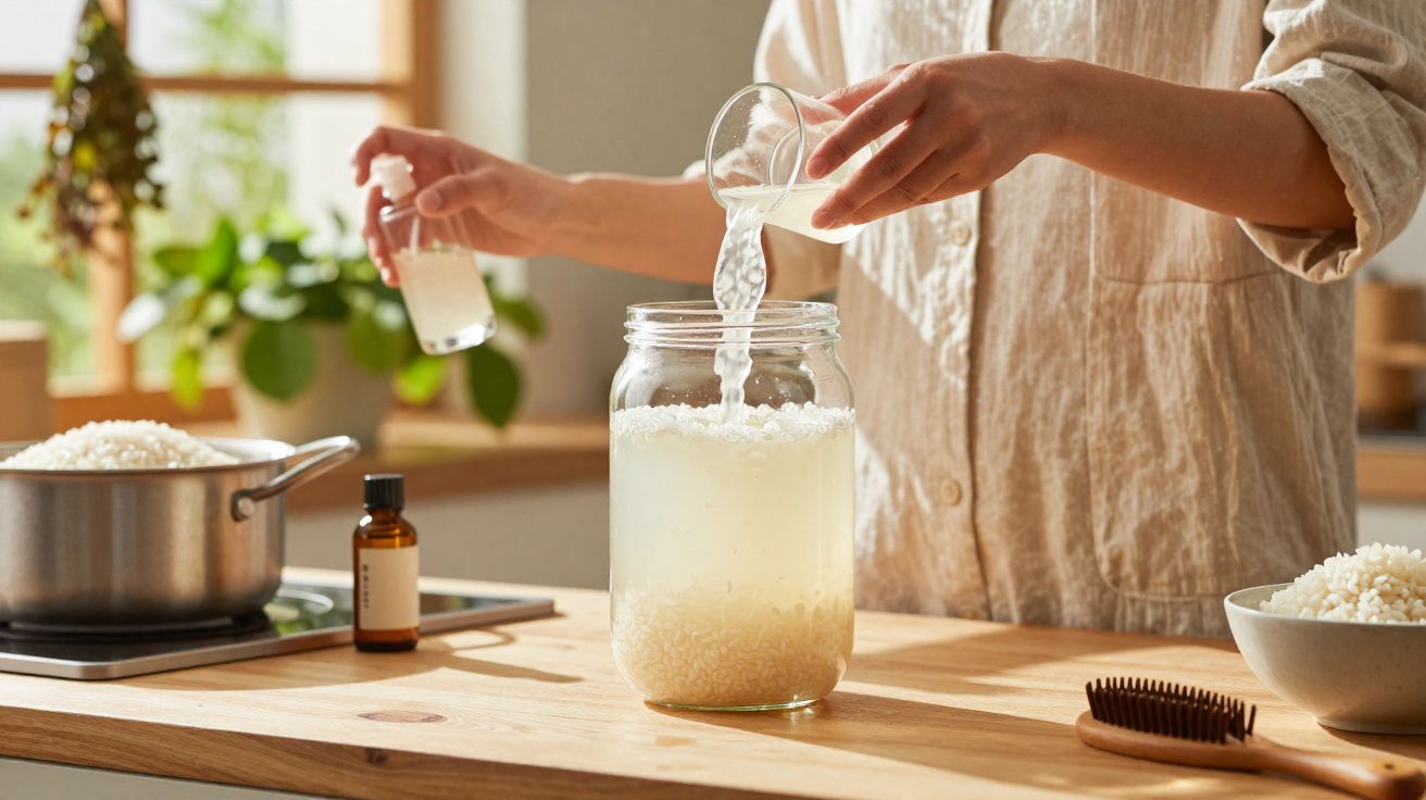 Pessoa a preparar água de arroz num frasco de vidro numa cozinha iluminada e moderna.