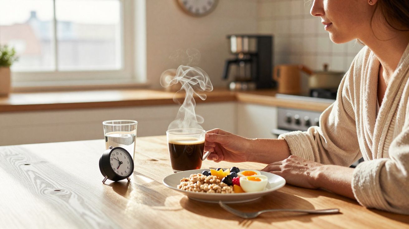 Pessoa a tomar pequeno-almoço com chá quente, ovos, frutas e cereais numa cozinha iluminada pela manhã.