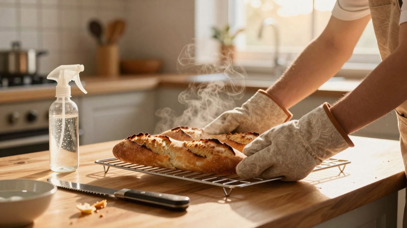 Mãos com luvas de forno a retirar pão quente e fumegante de uma grelha na cozinha.