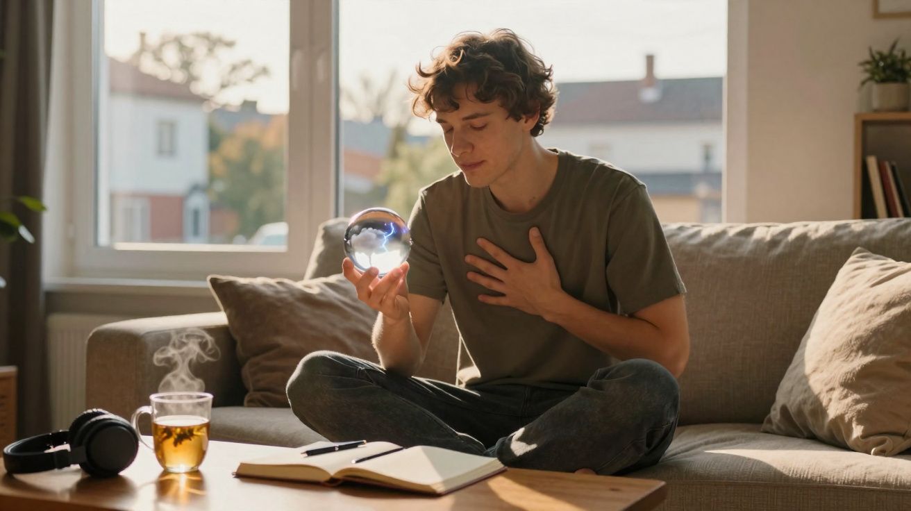 Jovem sentado no sofá a segurar uma esfera luminosa, com chá e fones na mesa à frente, numa sala iluminada.