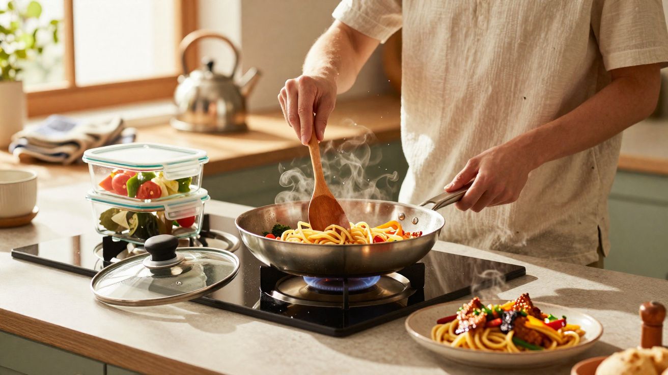 Pessoa a cozinhar esparguete com legumes numa frigideira numa cozinha moderna.