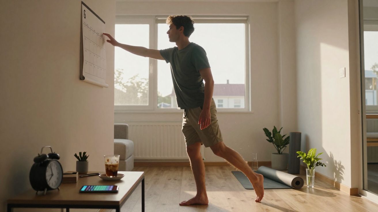 Homem faz exercício de equilíbrio num quarto iluminado, junto à parede com calendário pendurado.