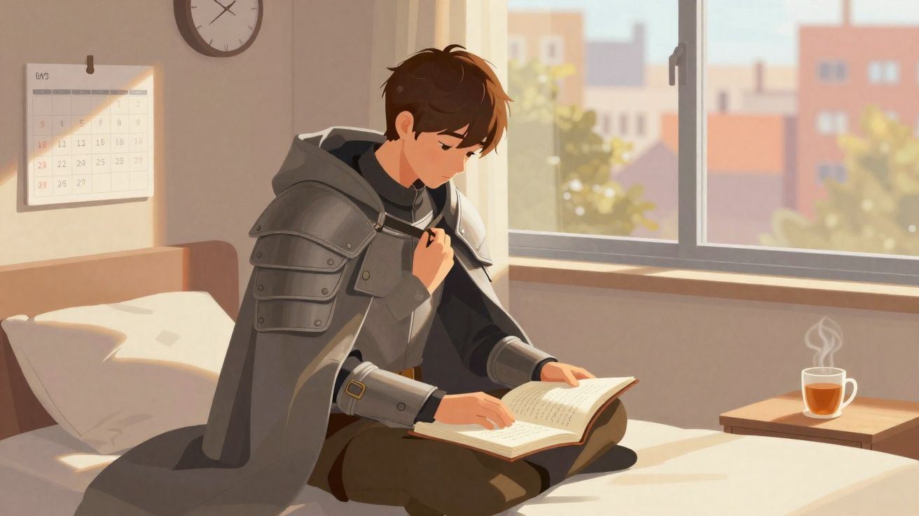 Jovem com armadura e capa sentado numa cama a ler um livro, ao lado de uma janela e uma chávena de chá fumegante.