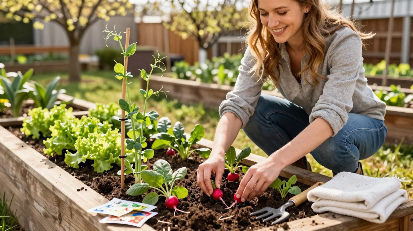 Mulher a colher rabanetes numa horta elevada num dia soalheiro, com utensílios de jardinagem ao lado.