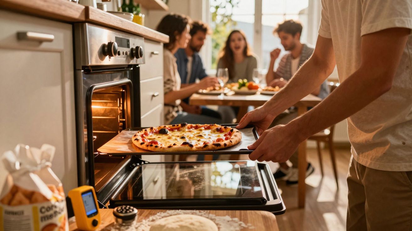 Pessoa a tirar pizza do forno com grupo a conversar e comer à mesa na cozinha iluminada.