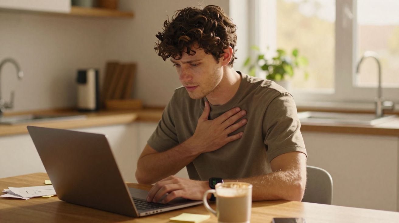 Jovem sentado à mesa de uma cozinha, usando laptop, com expressão preocupada e mão no peito.
