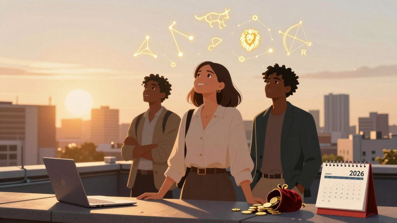 Três jovens numa varanda ao pôr do sol observam constelações de signos zodiacais no céu com moedas e um calendário de 2026.