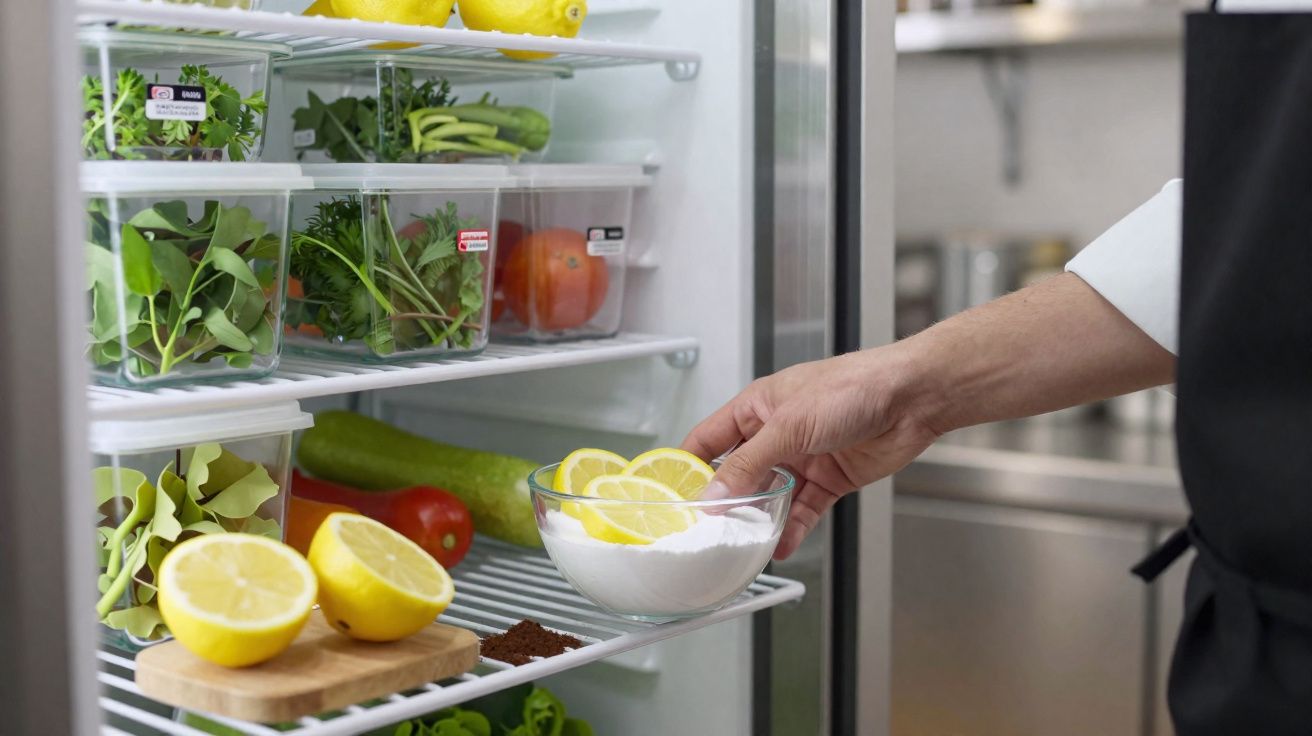 Pessoa a guardar tigela com rodelas de limão e açúcar no frigorífico cheio de hortaliças embaladas.
