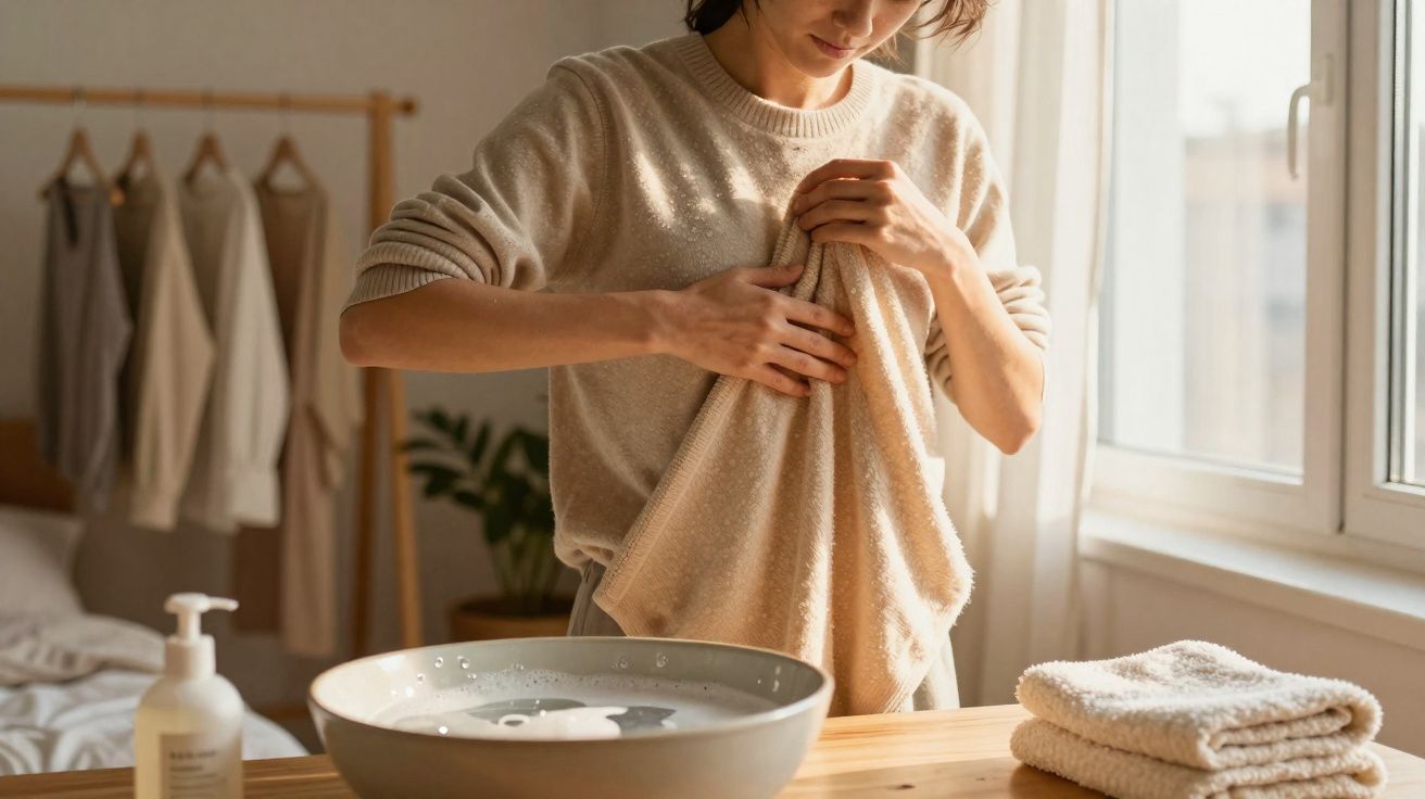 Mulher a lavar uma toalha creme num quarto iluminado com roupa pendurada ao fundo.