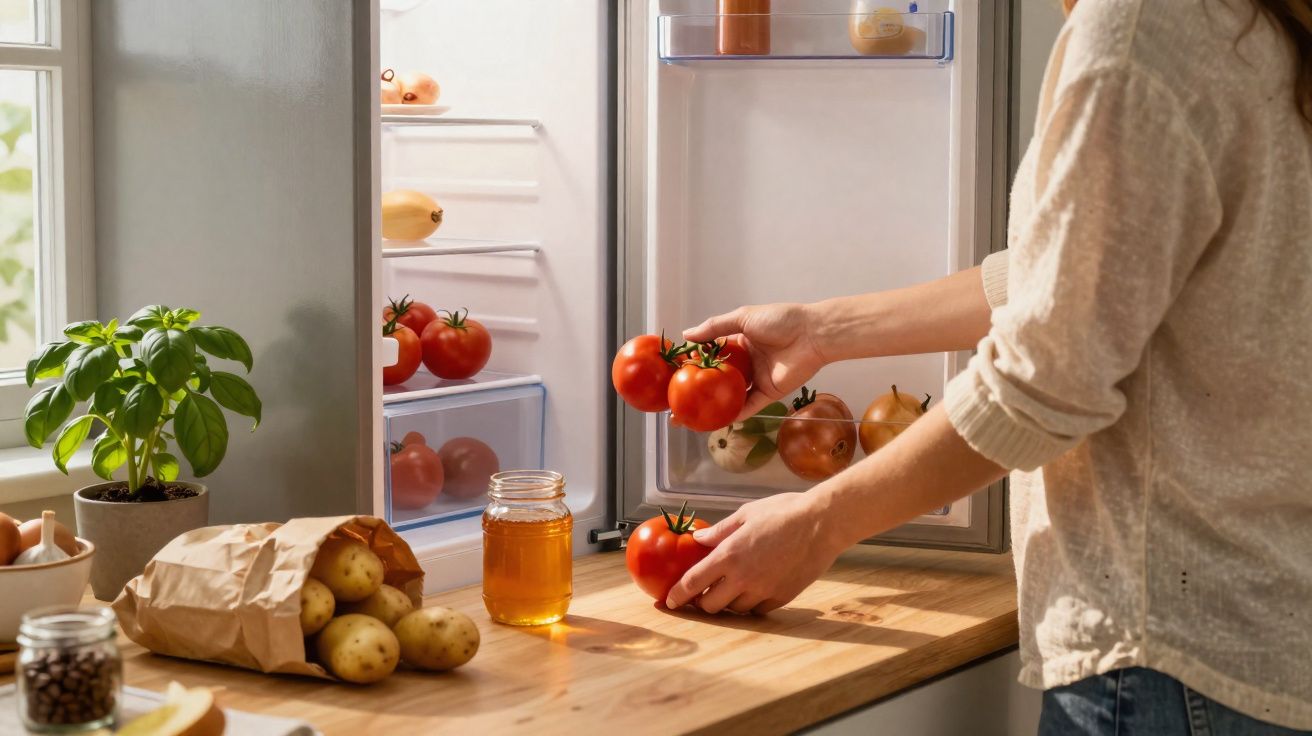 Pessoa a guardar tomates no frigorífico numa cozinha com legumes e mel sobre a bancada de madeira.