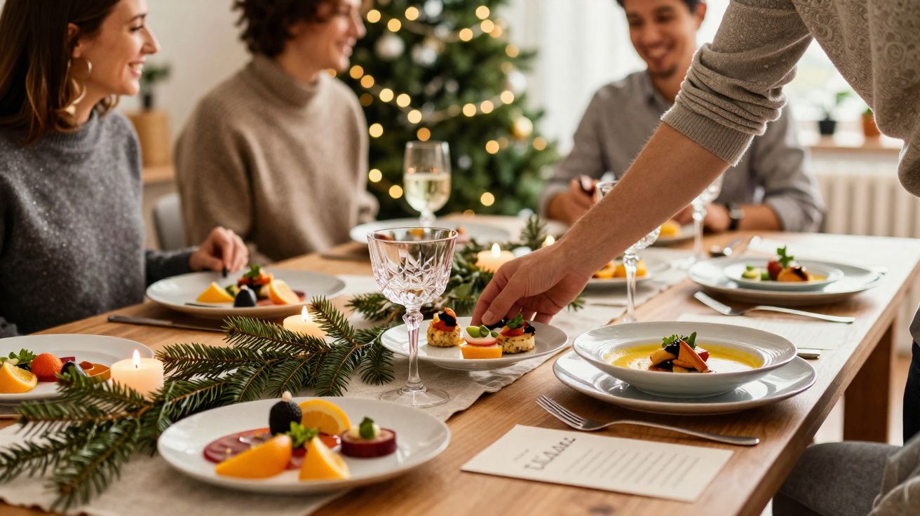 Pessoas reunidas à mesa decorada com velas e ramos de pinheiro, a servir pratos gourmet num jantar festivo.