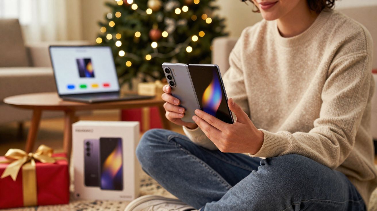 Pessoa sentada no chão a manusear telemóvel dobrável com caixa e presentes de Natal ao fundo.
