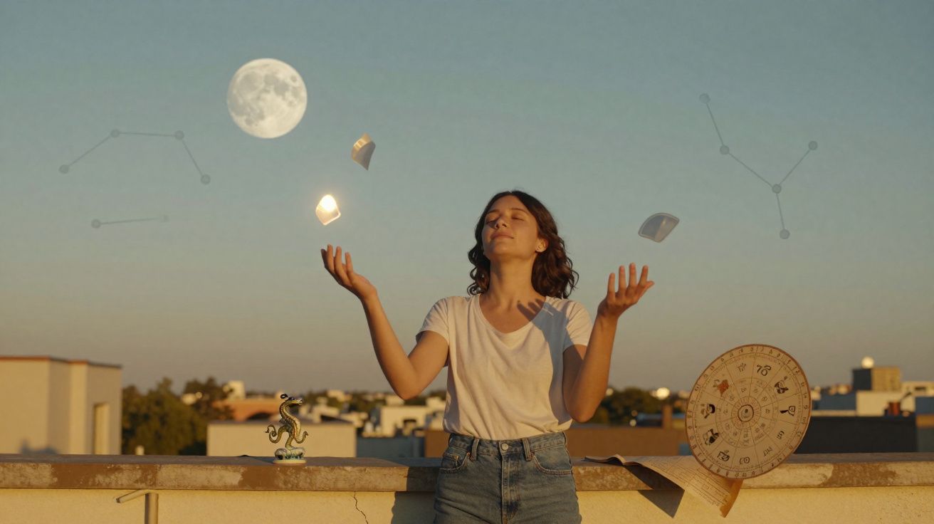 Mulher de olhos fechados, com cartas a flutuar, sob a lua cheia e constelações no céu ao entardecer.