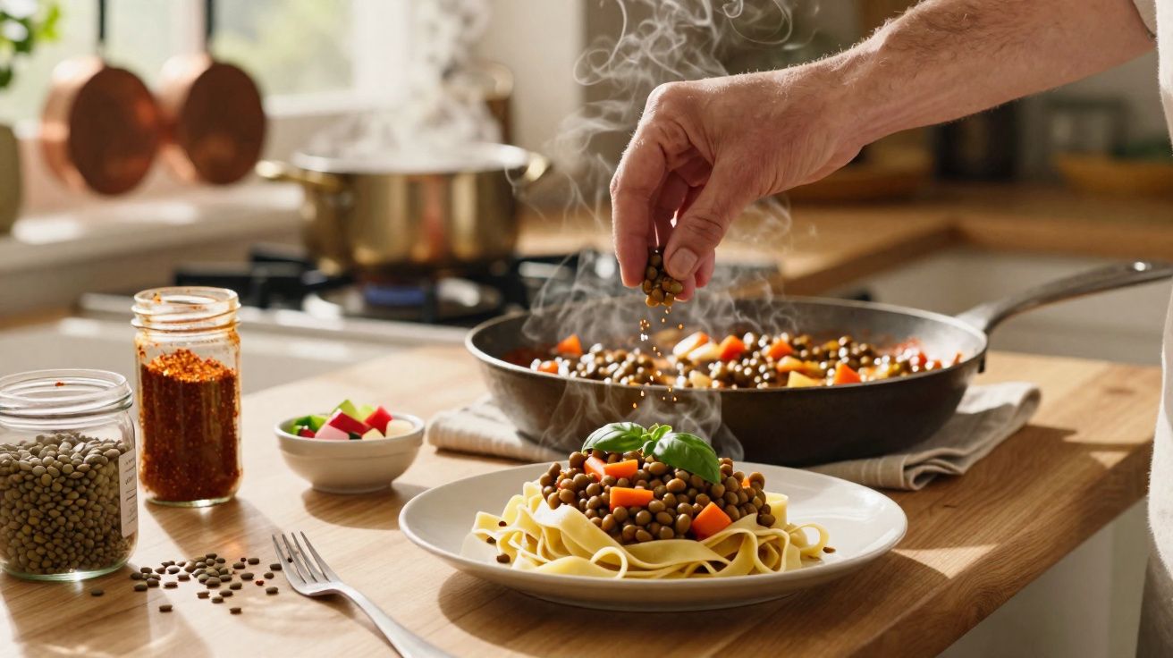Mão a temperar prato de massa com lentilhas e cenoura numa cozinha luminosa com utensílios ao fundo.
