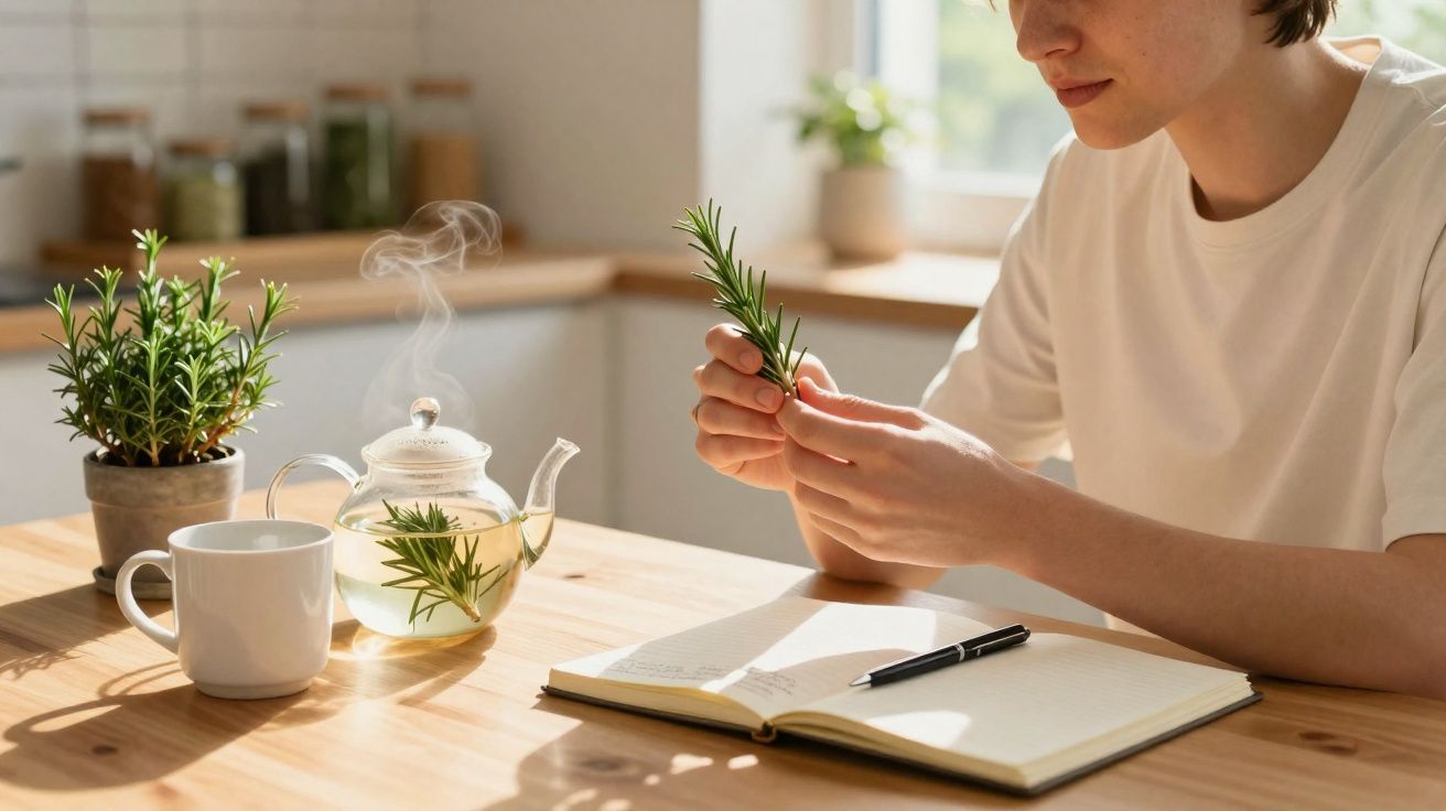 Pessoa sentada à mesa com infusão de ervas, caderno aberto e ramo de alecrim nas mãos.