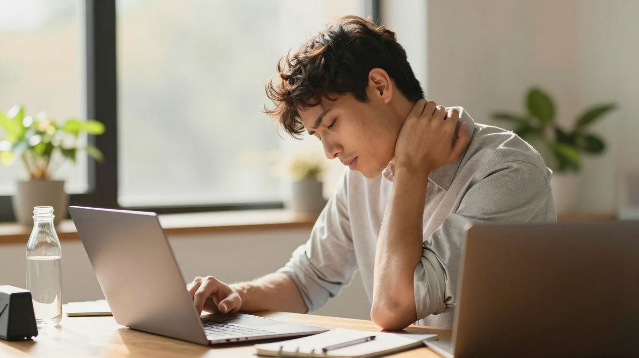 Homem jovem sentado num escritório a sentar-se com dor no pescoço, com laptop aberto à frente.