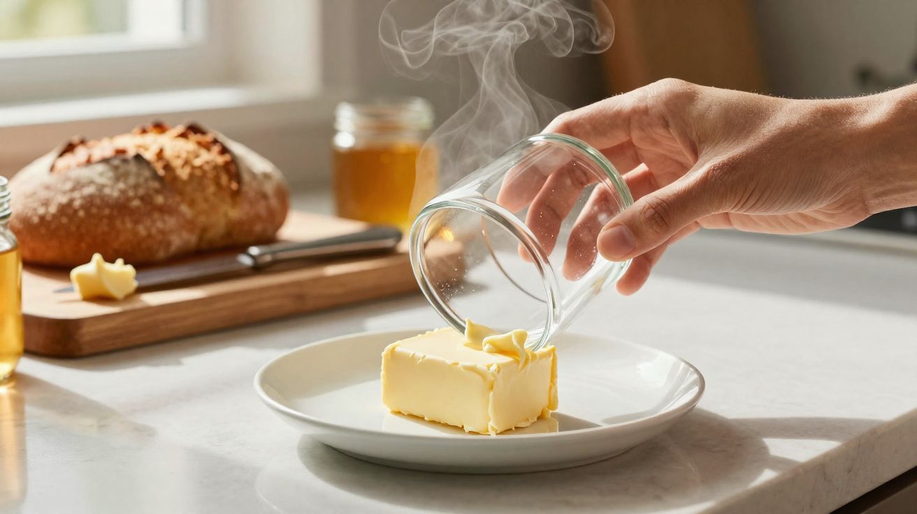 Maos a aquecer manteiga numa chávena com vapor em prato branco, pão e mel ao fundo numa bancada de cozinha.