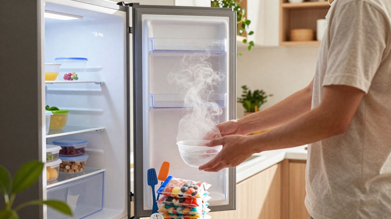 Pessoa a colocar prato fumegante numa frigorífico aberto numa cozinha moderna.