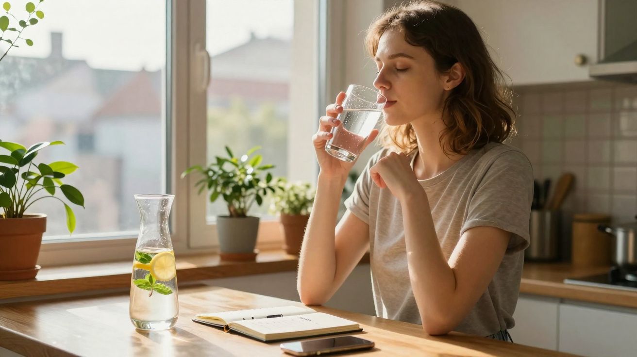 Mulher a beber um copo de água numa cozinha luminosa com plantas e um caderno sobre a mesa.