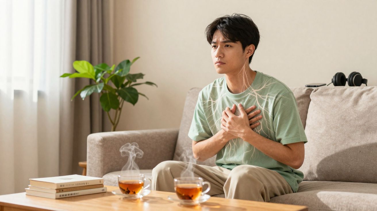 Homem sentado no sofá com expressão de dor, segurando o peito, numa sala com chá e livros na mesa.