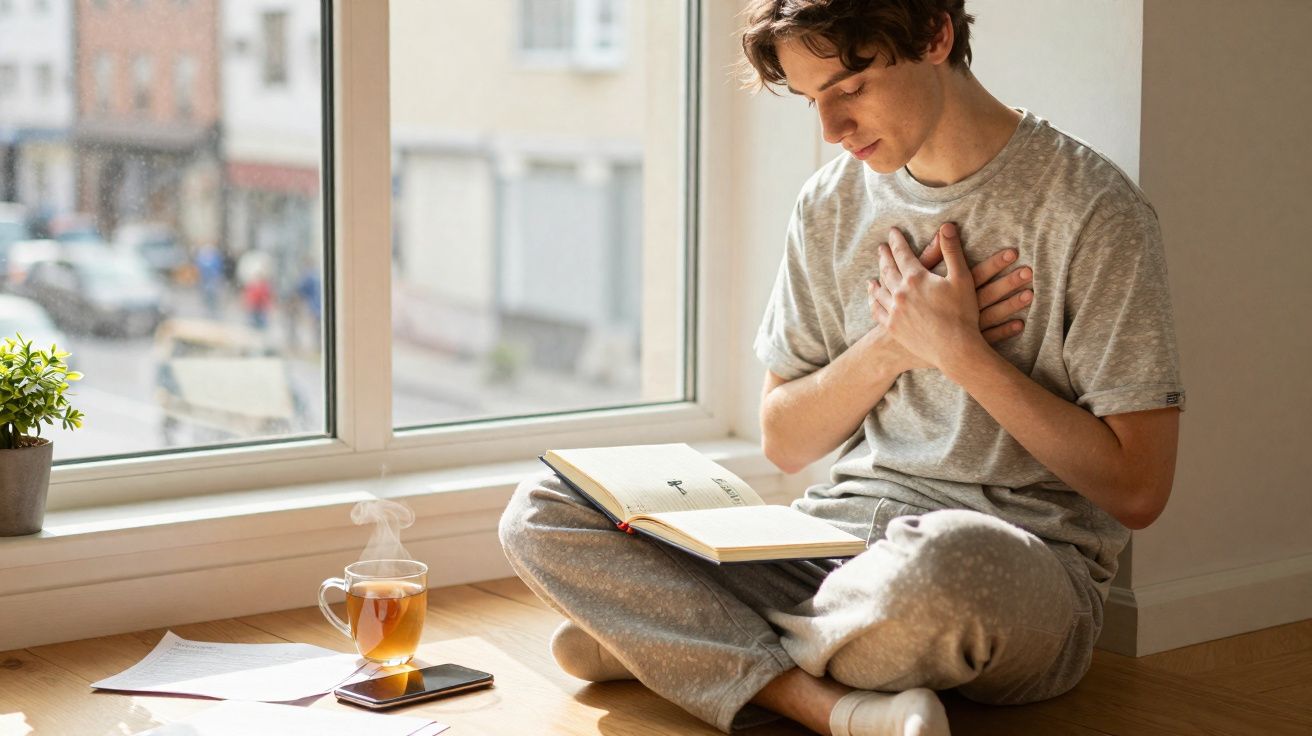 Jovem sentado no chão junto a uma janela, lendo um livro e com as mãos no peito, ao lado de chá, telemóvel e papéis.