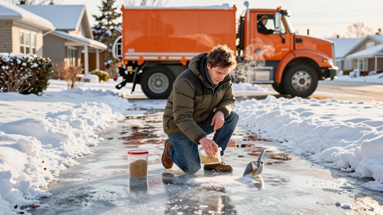 Homem a espalhar sal no gelo numa calçada coberta de neve, com camião laranja ao fundo.