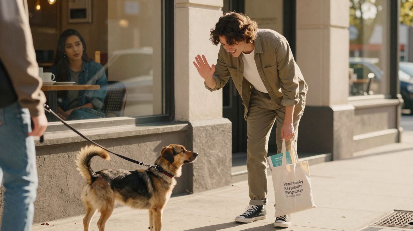 Homem cumprimenta cão na rua enquanto mulher observa sentada numa esplanada atrás da montra.