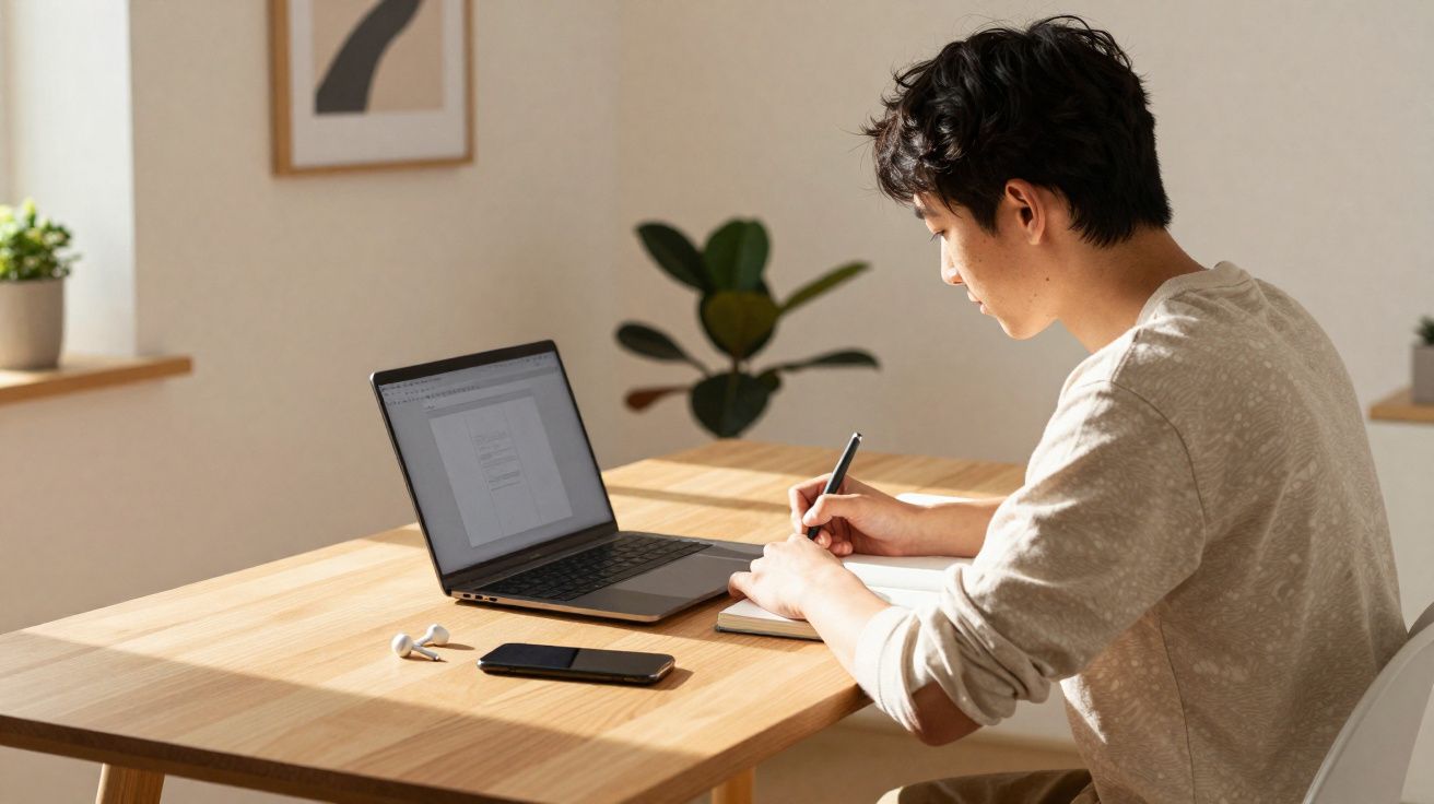 Pessoa a escrever num caderno ao lado de um portátil e um smartphone numa mesa de madeira iluminada pela luz natural.