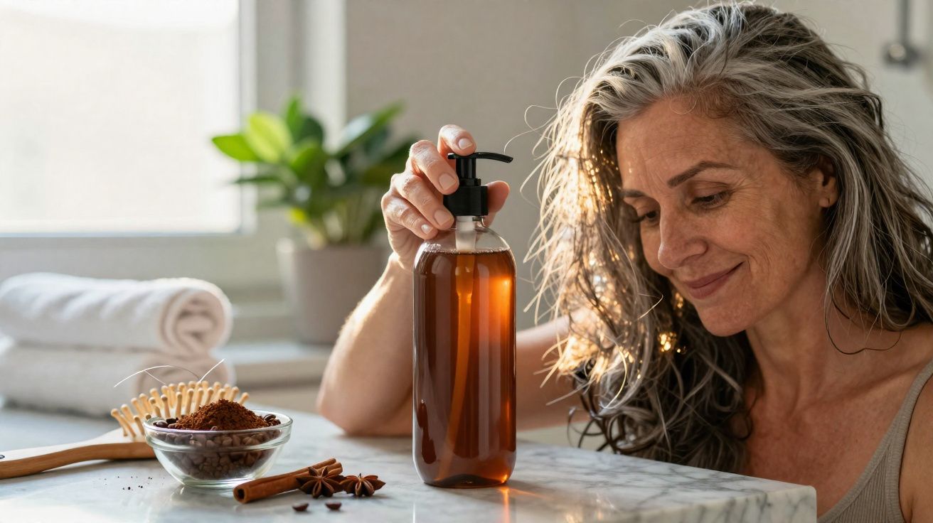 Mulher sorridente com cabelo cinzento segurando frasco de dispensador transparente sobre mesa com especiarias.
