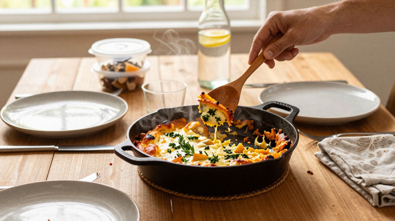 Mão a servir lasanha fumegante com queijo e ervas numa frigideira preta sobre mesa de madeira.