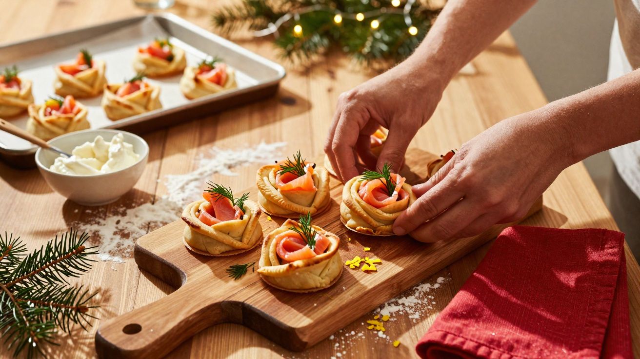 Mãos a decorar tartes pequenas com salmão fumado e ervas sobre tábua de madeira numa mesa de cozinha.
