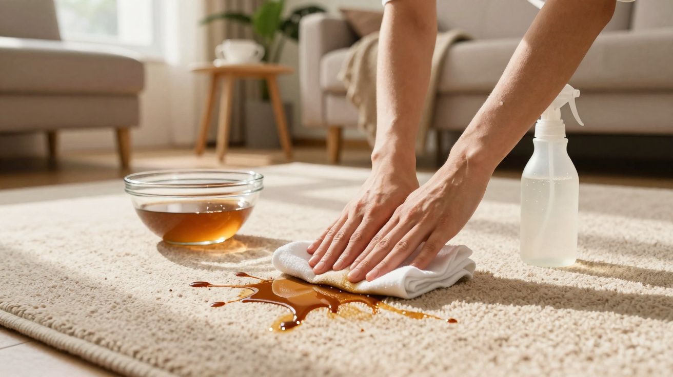 Mãos a limpar um derrame de líquido castanho num tapete com um pano branco, com recipiente e spray ao lado.