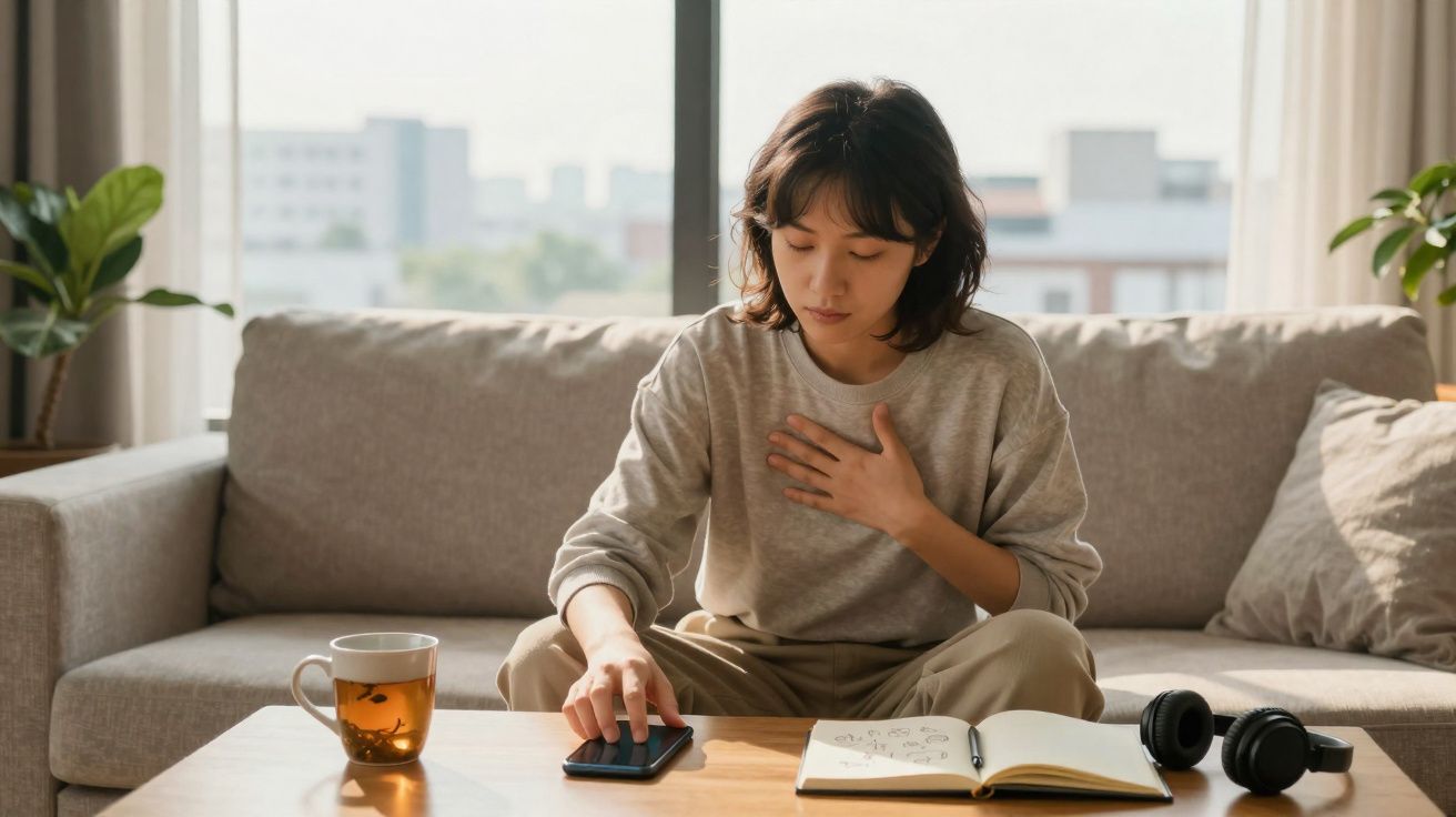 Mulher sentada no sofá com mão no peito, a usar telemóvel, com chá, caderno e auscultadores numa mesa à frente.
