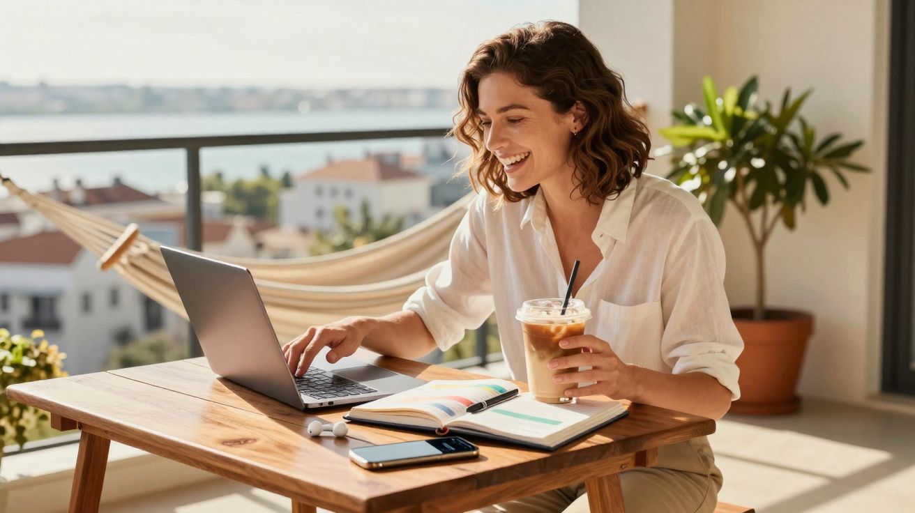 Mulher sorridente a trabalhar num computador portátil numa varanda, com bebida, caderno e telemóvel na mesa.